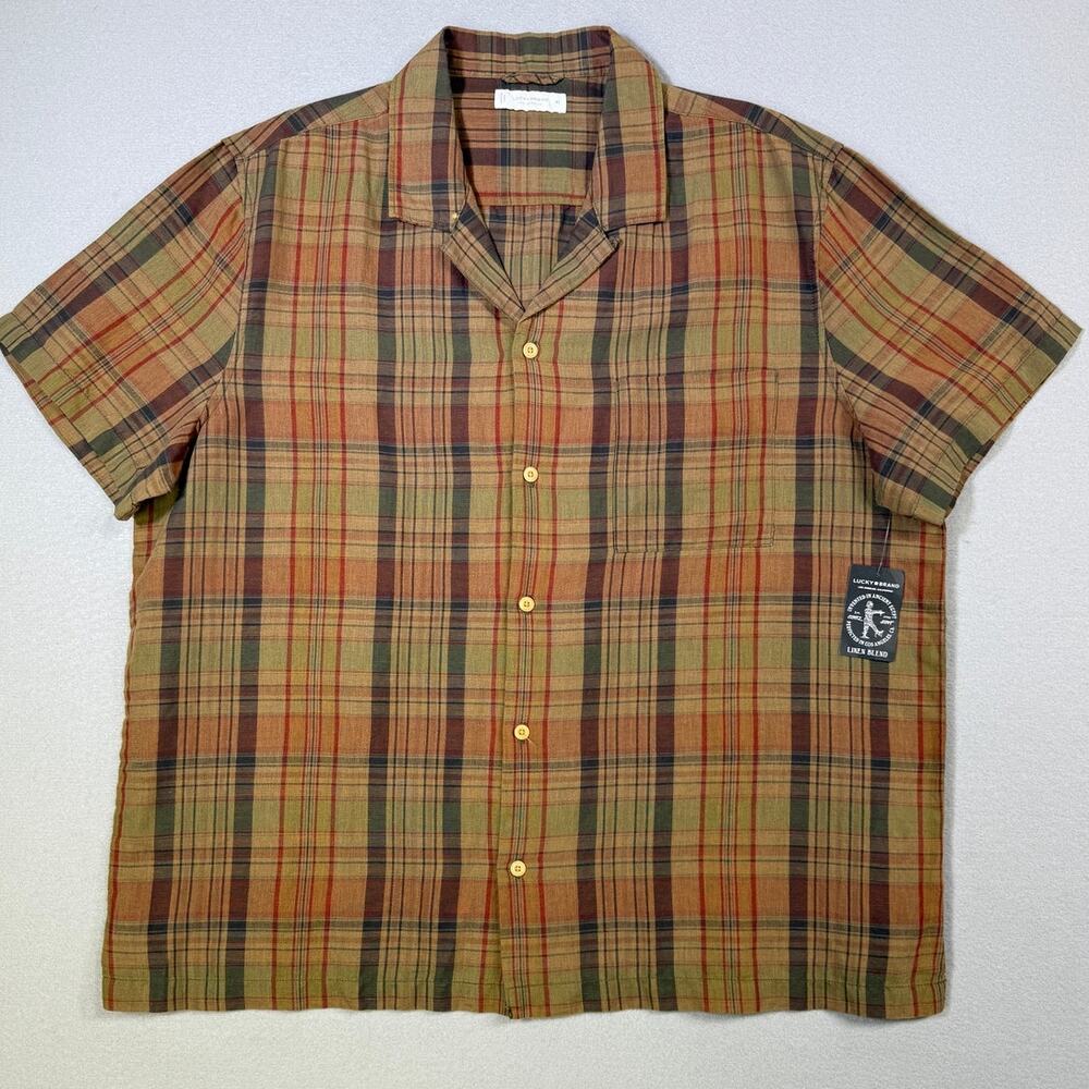 Lucky Brand Men's Linen Madras Plaid Camp Collar Shirt Green multi XL $80